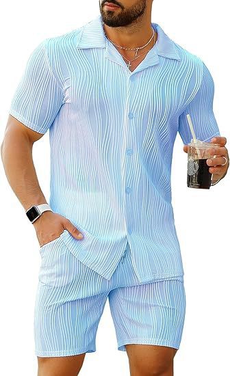 Street Summer Fashion - メンズ 2 ピース アウトフィット 半袖ボタンダウン シャツとショーツ