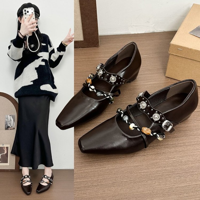 Street Fashion Styles - ニューレトロ メリージェーンシューズ レディース スクエアトゥチャンキーヒールパンプス ラインストーン＆チェーン装飾 ファッション
