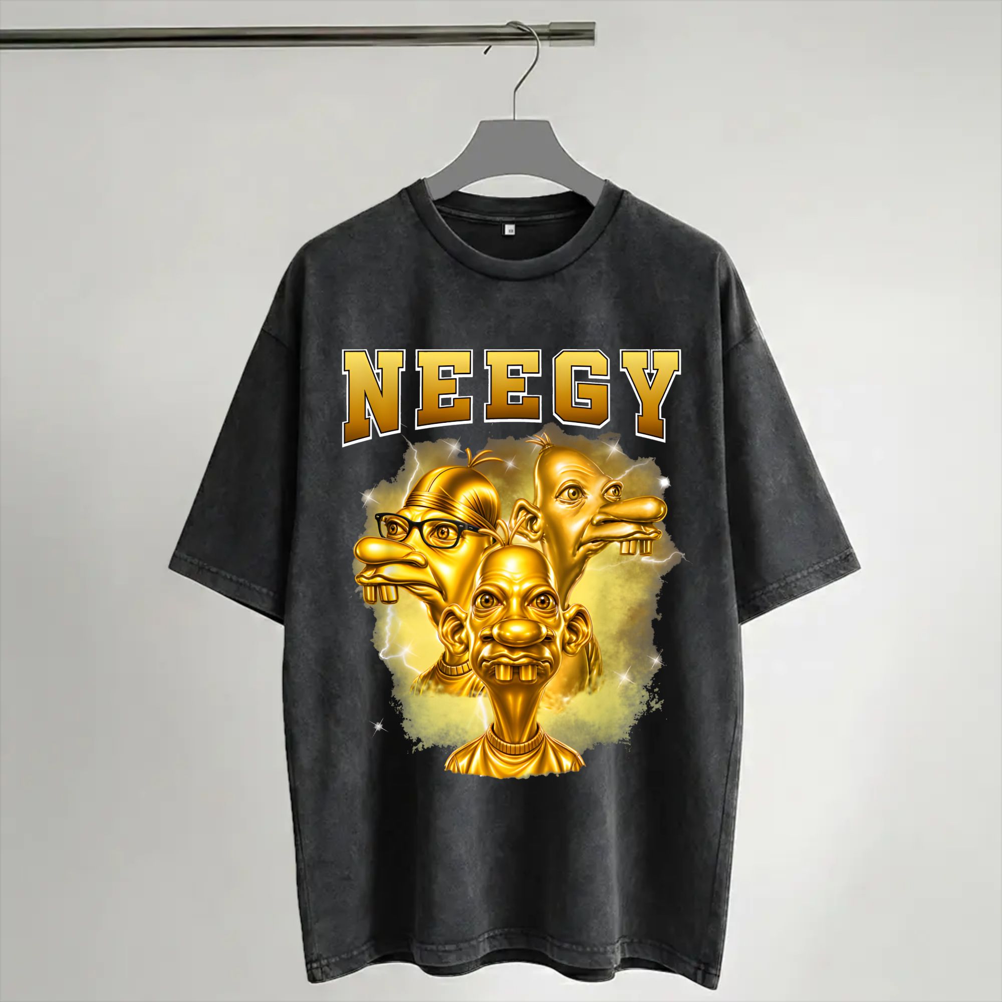 Street Fashion Gen Z - 原宿風ウォッシュドシャツ ゴールデン・ニーギー・ミーム 面白いインターネット・ブレインロット Z世代ユーモアファッションTシャツ ハイストリート ストリートウェア