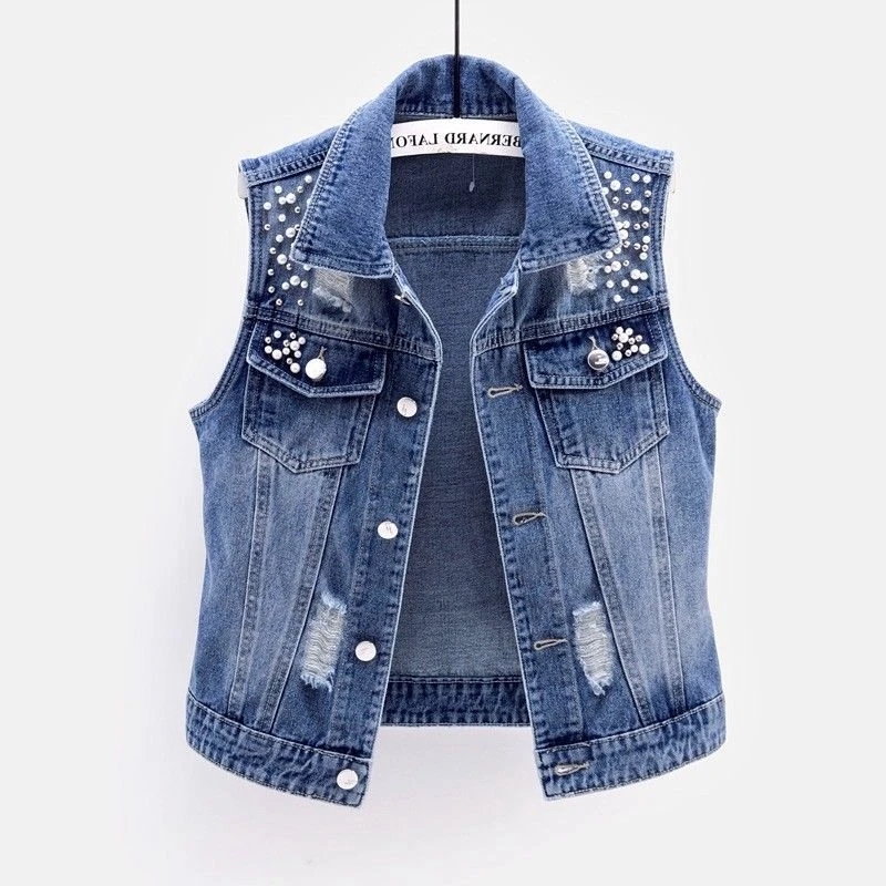 Street Fashion Jeans Women - 女性デニムベスト高級真珠ファッション 2026 春秋ジーンズジャケットノースリーブルーズショートコートチョッキストリート女性