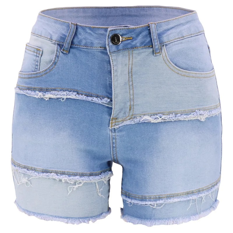 Street Fashion Denim - ヨーロッパとアメリカのストリートファッション ウォッシュドデニムショーツ。 春のカジュアル「グラインドホワイト」ステッチハイウエストショートジーンズ女性用