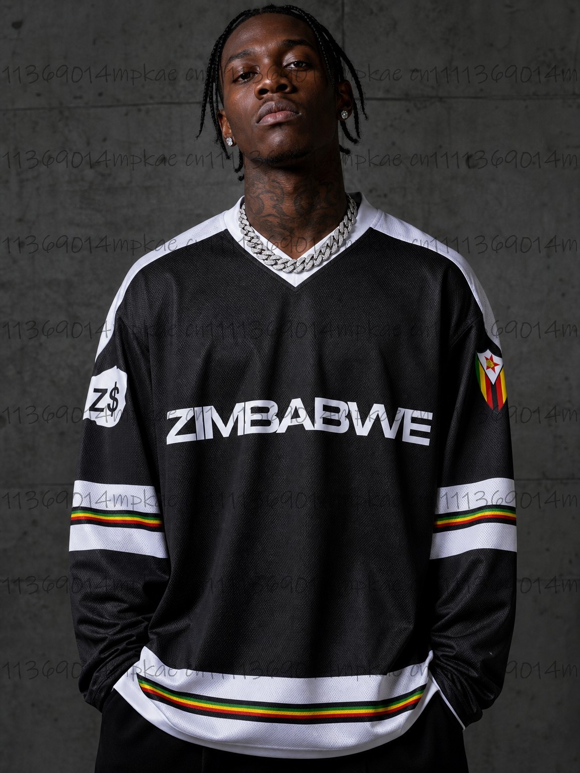 Fashion Streetwear - メンズジンバブエプリントVネック長袖Tシャツ、カジュアルサマースポーティスタイル、ファッショナブルレトロストリートウェアトップ