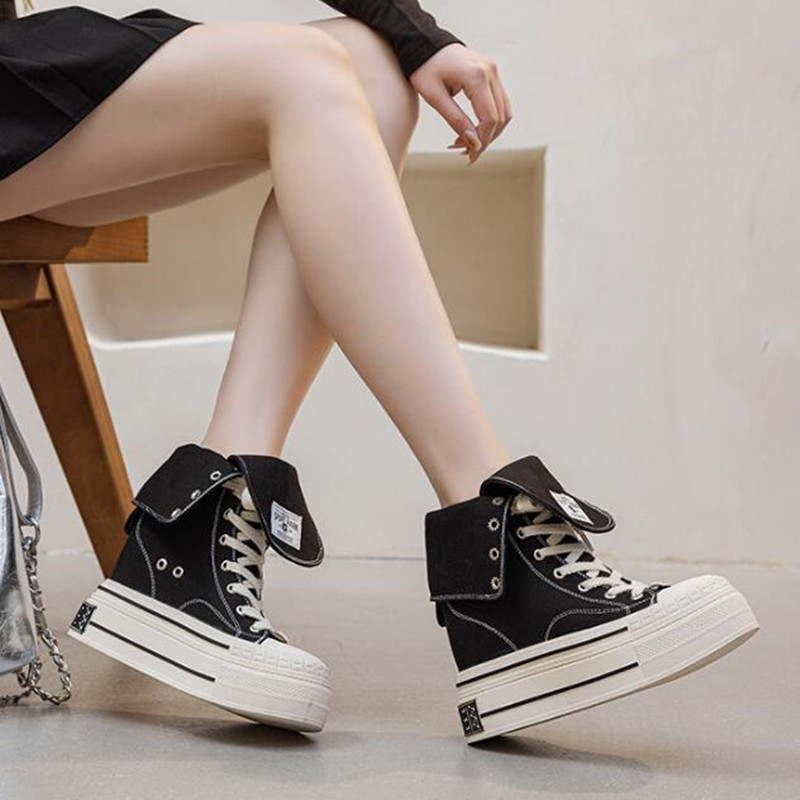 Street Fashion Denim - 2026年 12cm スケートボードシューズ 通気性のある身長アップシューズ デニム レディースファッション