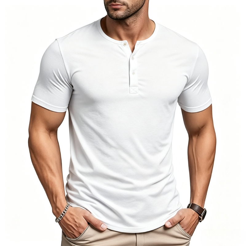 Street Summer Fashion - メンズ半袖ヘンリーネックTシャツ、無地、男性用フィットネストップス、夏用スリムフィットボタンネックカジュアル快適Tシャツ、ストリートウェア