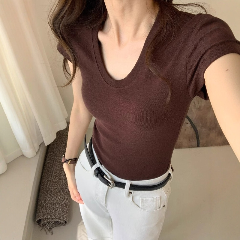 Fashion Streetwear - U ネックショルダー半袖 Tシャツ女性夏スリムフィットエレガントカジュアルソリッドシックベーシックファッションレディストリートウェアブラウス