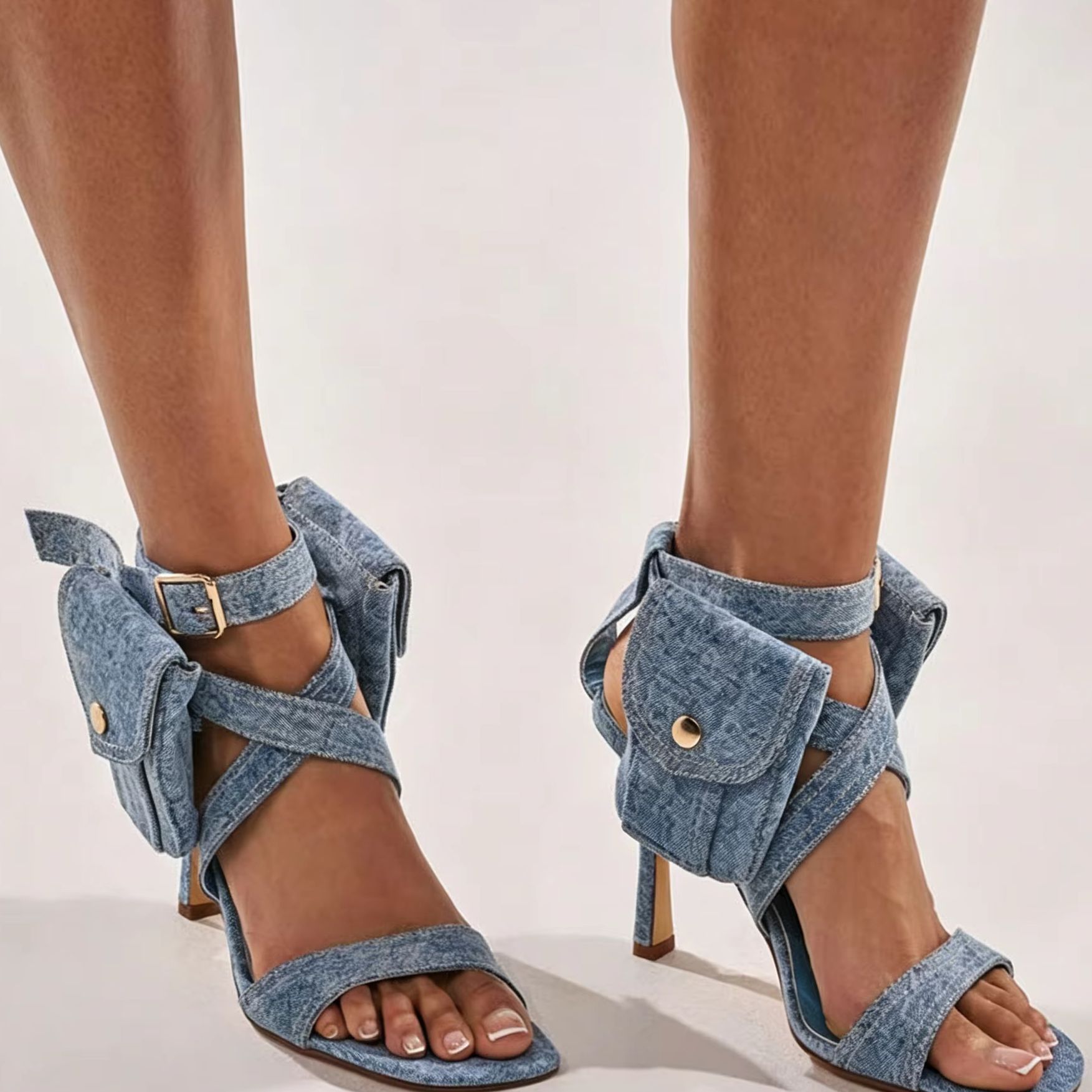 Street Fashion Denim - 女性ブルーデニムポケットアンクルストラップセクシーなスクエアトゥスティレットサンダル Y2K トレンディなクリスクロシューズ薄いヒールレディースストリートパーティー