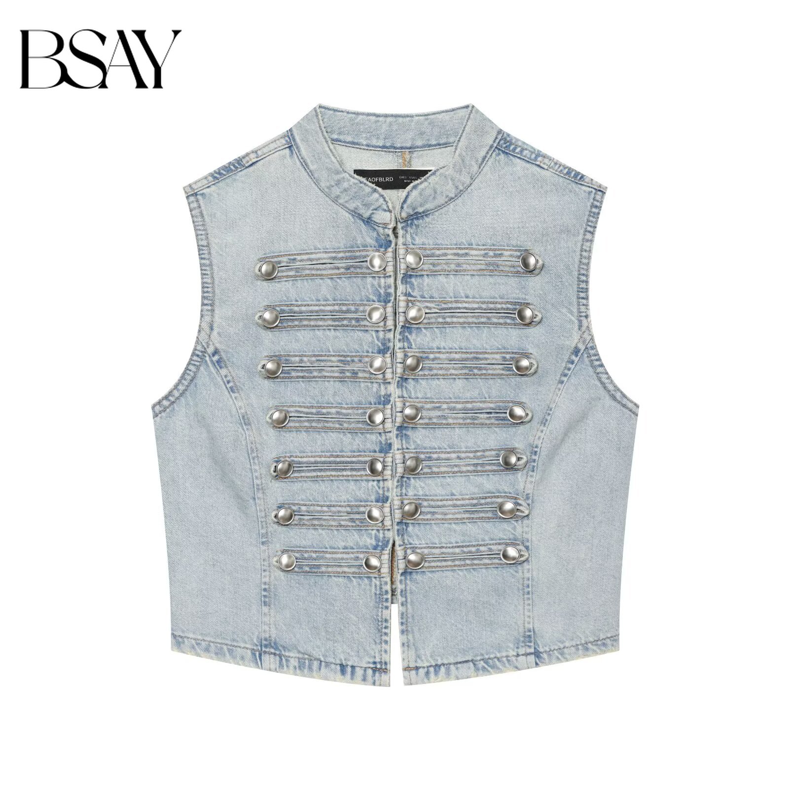 Street Fashion Jeans Women - BSAY 2026年秋新作 レディース スタンドカラー ノースリーブ クロップドデニムベスト