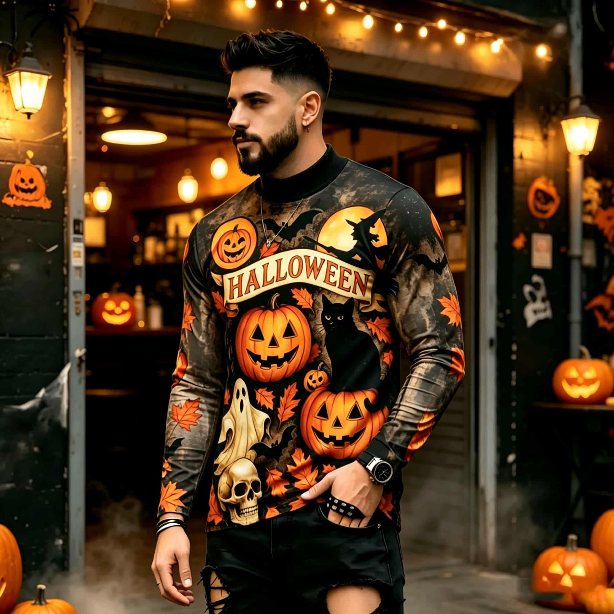 Street Fashion Styles - カジュアルファッションストリートスタイル ハロウィンプリント 長袖Tシャツ パンプキンゴースト黒猫柄 トレンディで多用途なメンズトップス