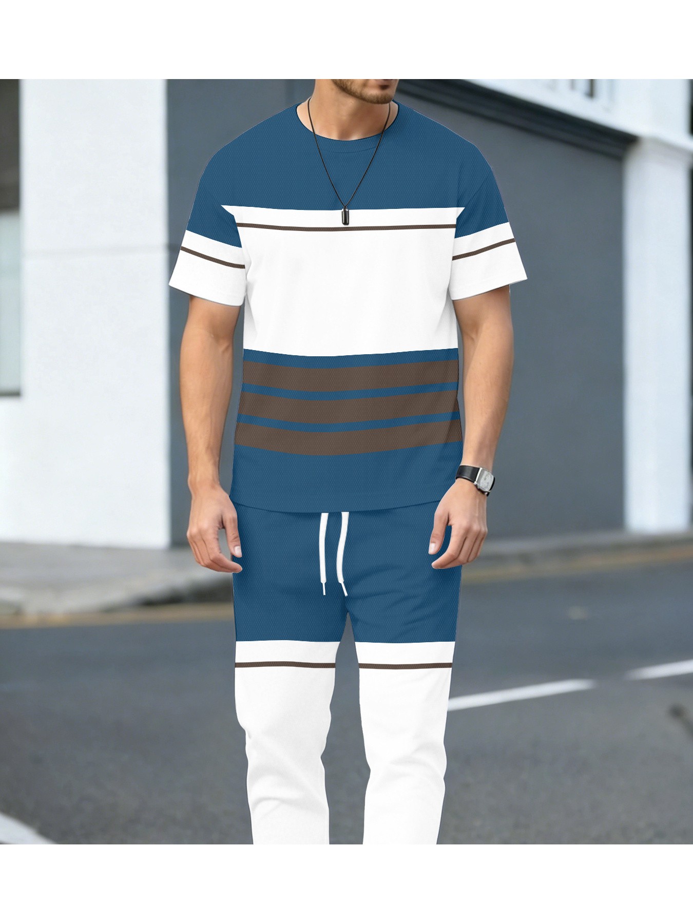 Street Summer Fashion - 2026年夏新作ストリートカジュアルファッション快適な3Dストライプ柄プリントメンズ半袖長ズボンセット