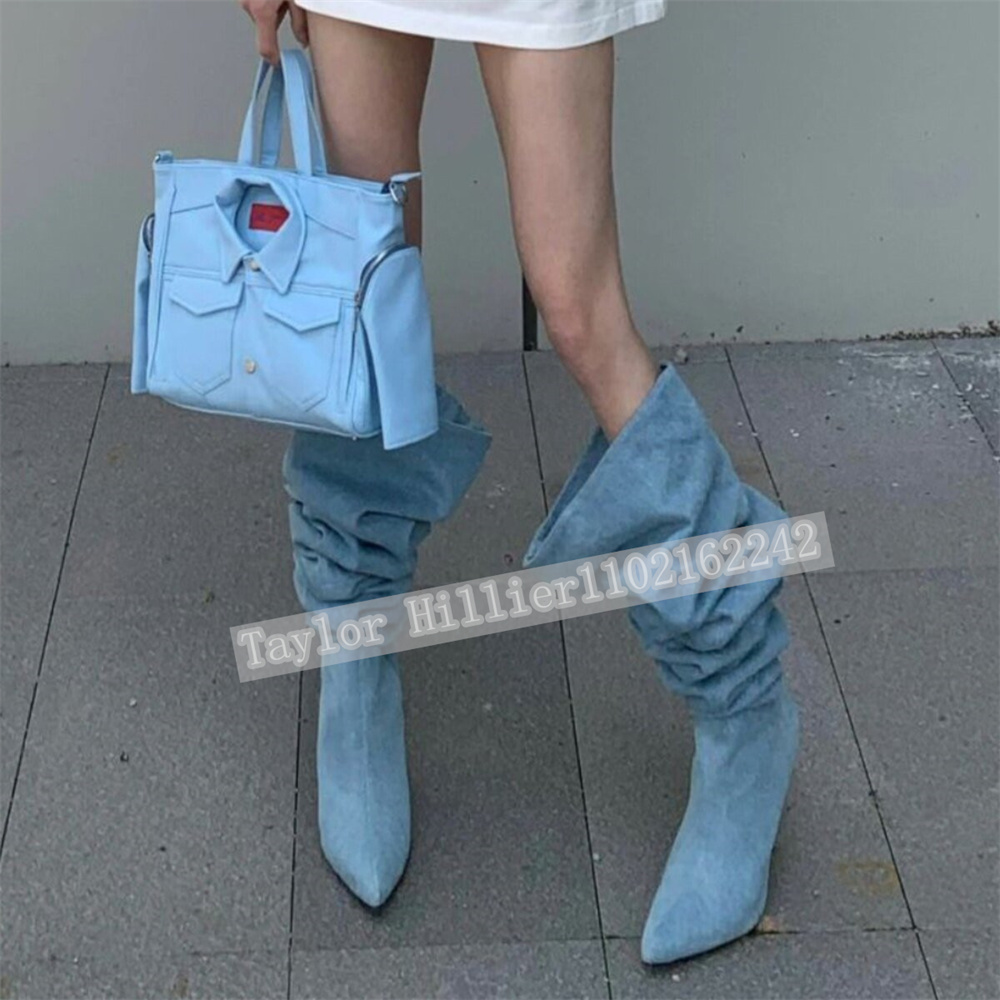 Street Fashion Denim - 春のブルーデニムプリーツスラウチシューズ女性のポインテッドトゥスティレットブーツファッションパーティーランウェイブーツ Zapatos Mujer 46