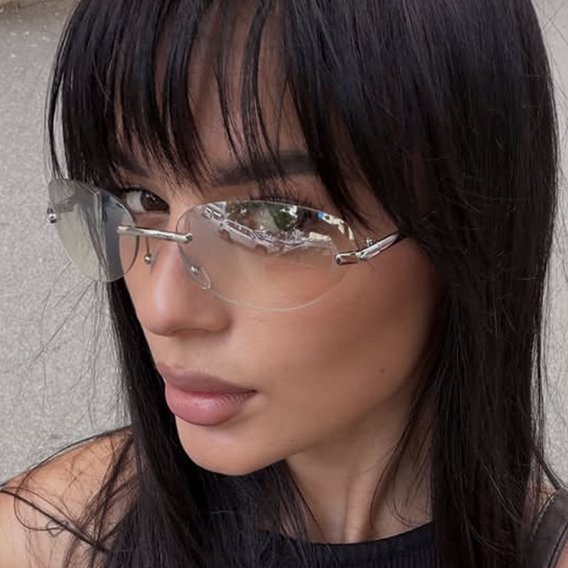 Street Fashion Glasses - リムレスオーバルサングラス男性女性ファッション UV400 ドライビングシェード Y2K フレームレスグラデーションアイウェアトレンディなキャットアイサングラス
