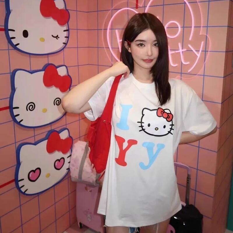 Street Summer Fashion - 半袖サンリオ夏用純綿ユニセックスTシャツハローキティトレンディな漫画プリントルーズカジュアル多用途ストリートファッション