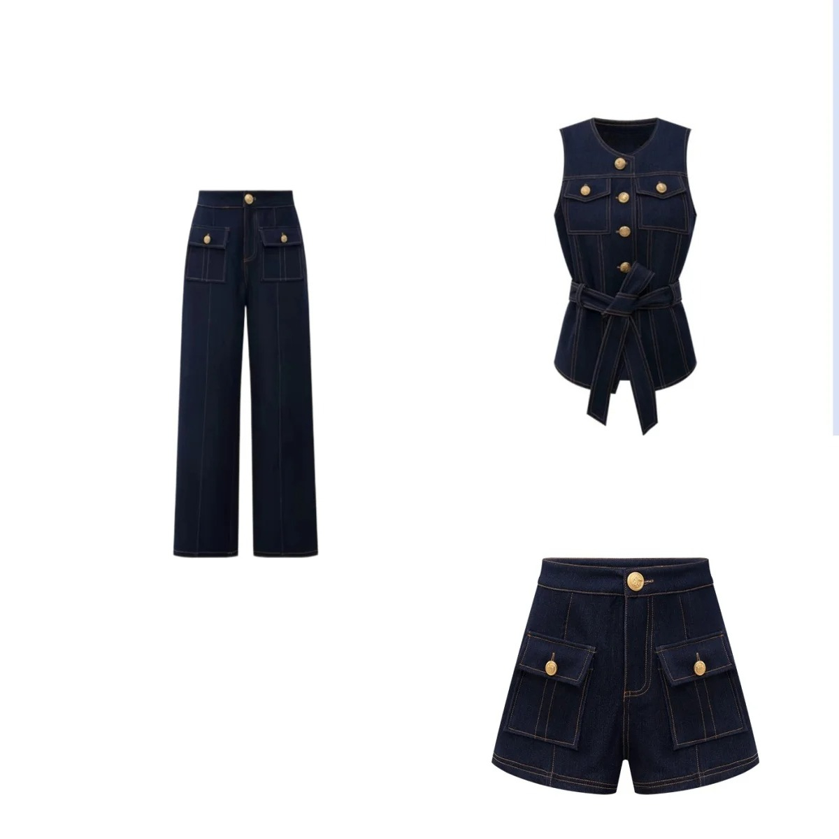 Street Fashion Jeans Women - Y2K 2026 新作ボタンレトロジーンズベストショーツトラウザーズトップステッチゴールドバックルベルトベストストレートパンツファッショントレンドスーツ