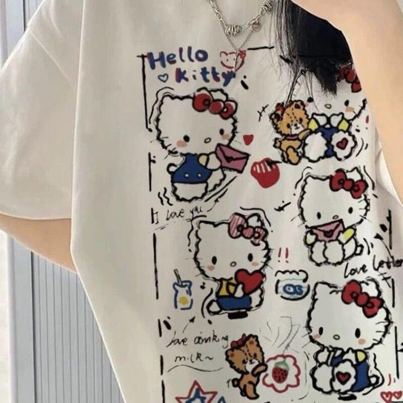 Street Summer Fashion - 半袖サマーハローキティグラフィティプリントTシャツ レディース コットン Y2K キュートな漫画柄 人気ストリートファッション