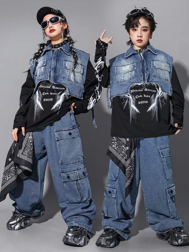 Street Fashion Jeans Women - 子供用ヒップホップ服 デニムブルーベストジャケット ロングスウェットシャツ カジュアルマルチポケットジーンズパンツ 女の子 男の子