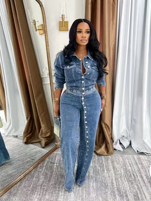 ジーンズスーツ レディース デニム ツーピースセット コート - Street Fashion Jeans Women のレビューと価格