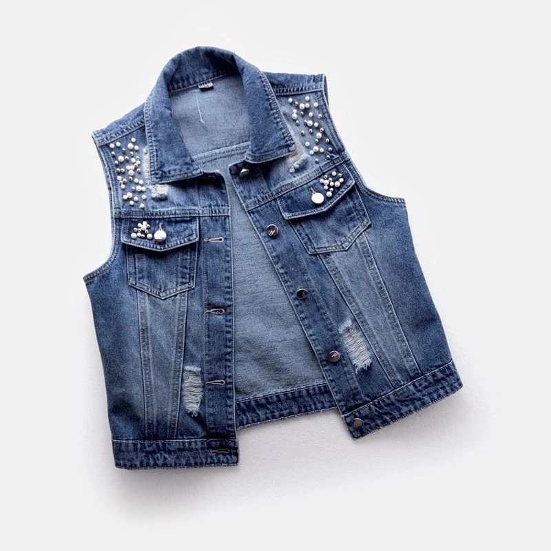 女性デニムベスト高級真珠ファッション 2026 春秋ジーンズ - Street Fashion Jeans Women のレビューと価格