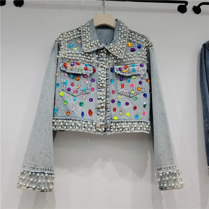 秋の女性ファッションパールビーズダイヤモンドフリンジライトブ - Street Fashion Jeans Women のレビューと価格
