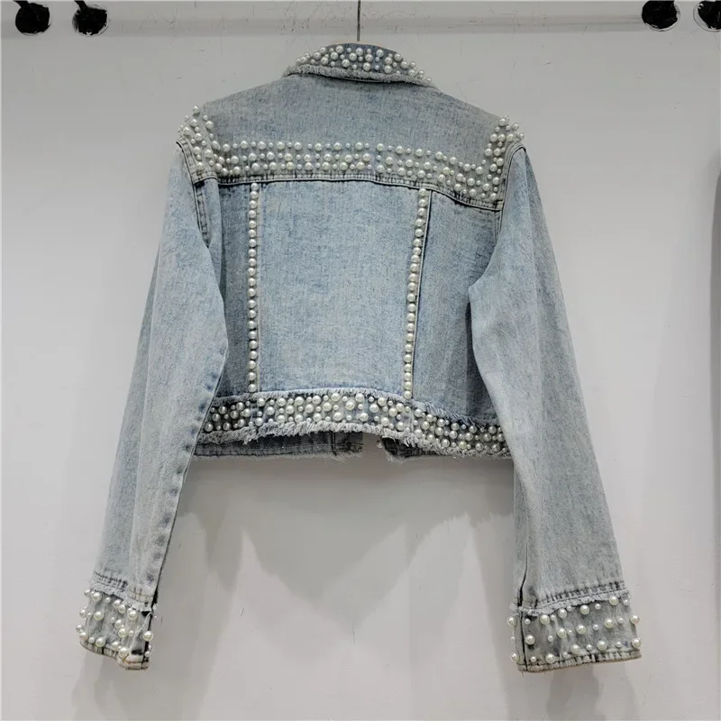 秋の女性ファッションパールビーズダイヤモンドフリンジライトブ - Street Fashion Jeans Women のレビューと価格