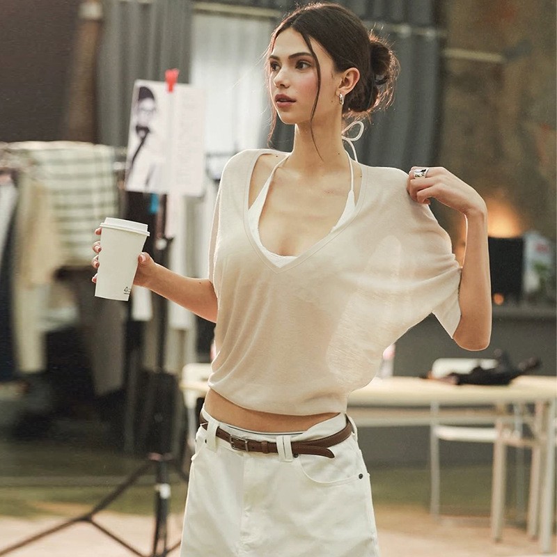 ピンクのブラウス ルーズフィット Vネック シアーブラウス  - Fashion Streetwear のレビューと価格