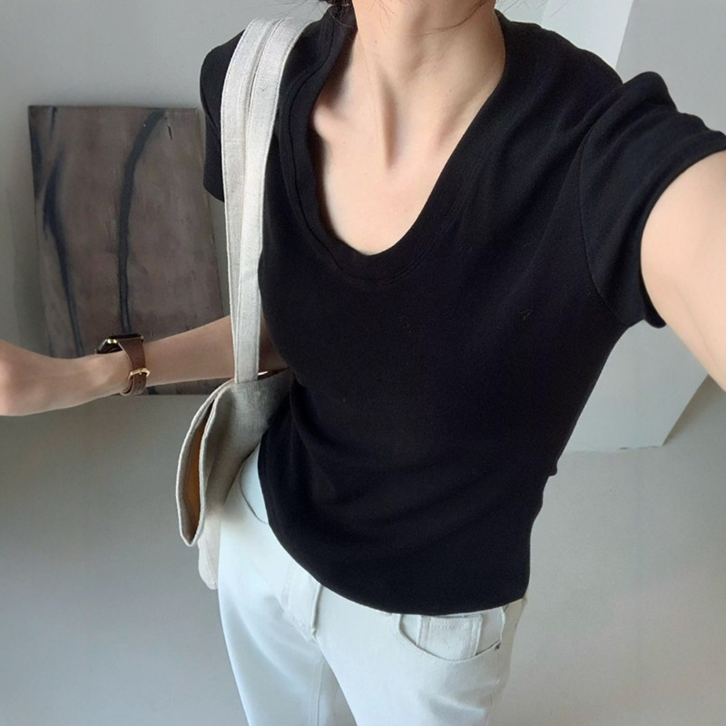 U ネックショルダー半袖 Tシャツ女性夏スリムフィットエレガ - Fashion Streetwear のレビューと価格