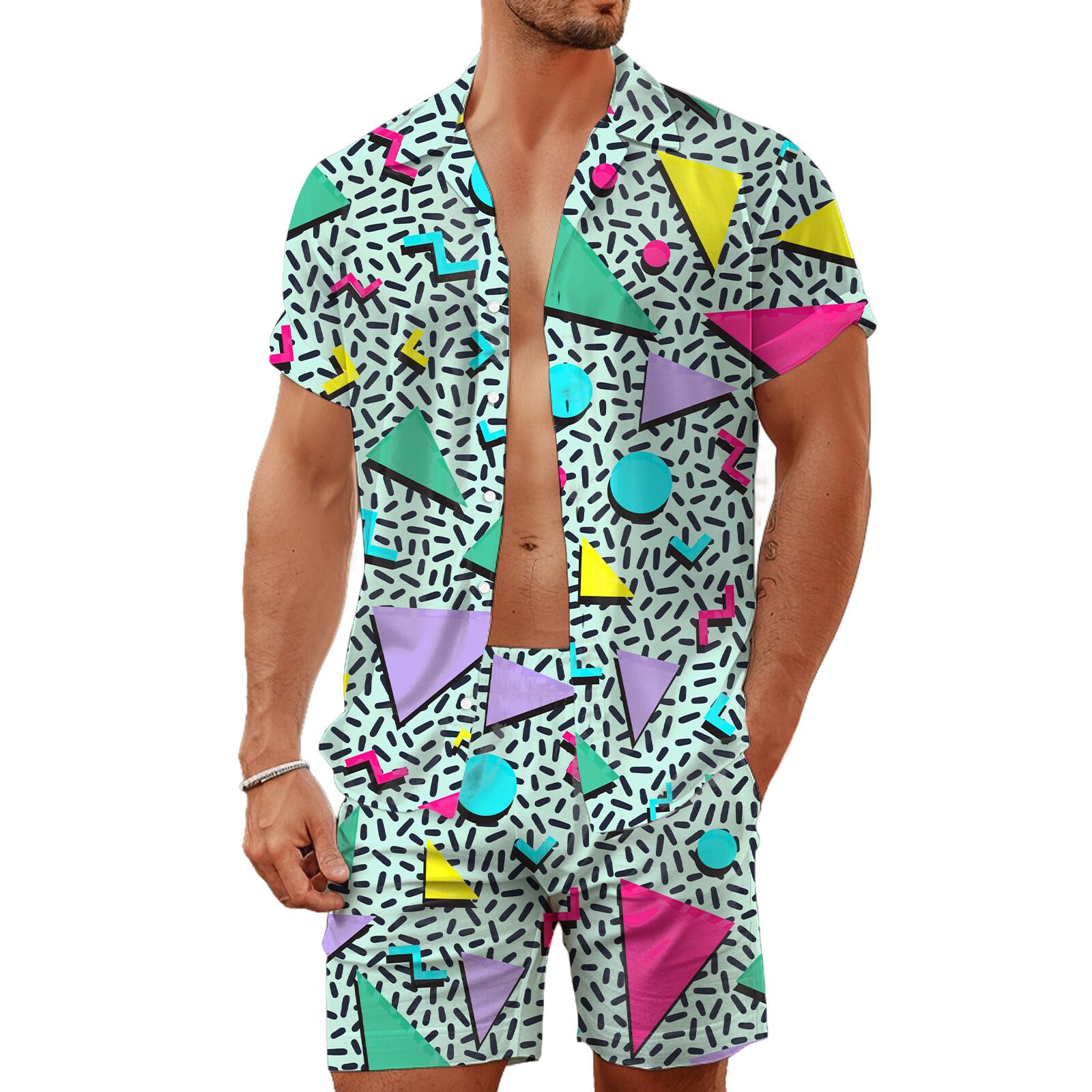 夏用不規則幾何学模様3Dプリントメンズシャツセットファッショ - Street Summer Fashion のレビューと価格