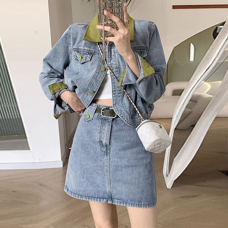 デニムコートミニスカートツーピースセット春秋の女性のファッシ - Street Fashion Jeans Women のレビューと価格