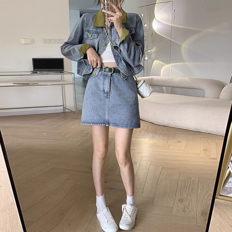 デニムコートミニスカートツーピースセット春秋の女性のファッシ - Street Fashion Jeans Women のレビューと価格