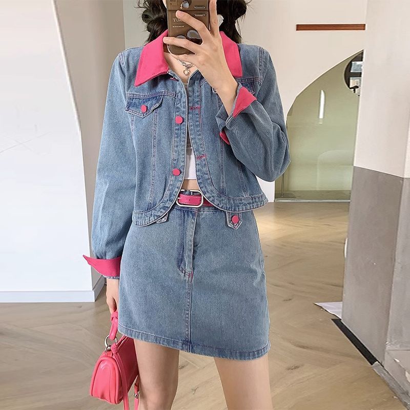 デニムコートミニスカートツーピースセット春秋の女性のファッシ - Street Fashion Jeans Women のレビューと価格