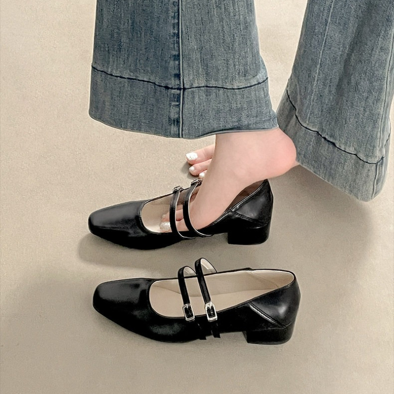 スクエアトゥローヒール女性銀色メリージェーンシューズファッシ - Street Fashion Styles のレビューと価格