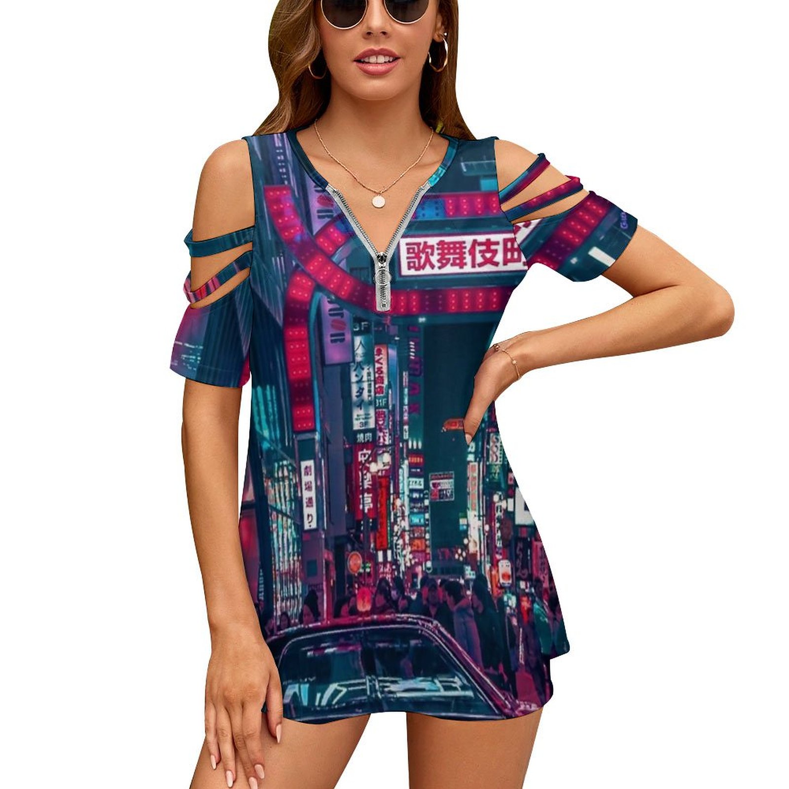 女性用東京ストリートプリントTシャツ,半袖,Vネック,ジッパ - Street Fashion In Tokyo のレビューと価格