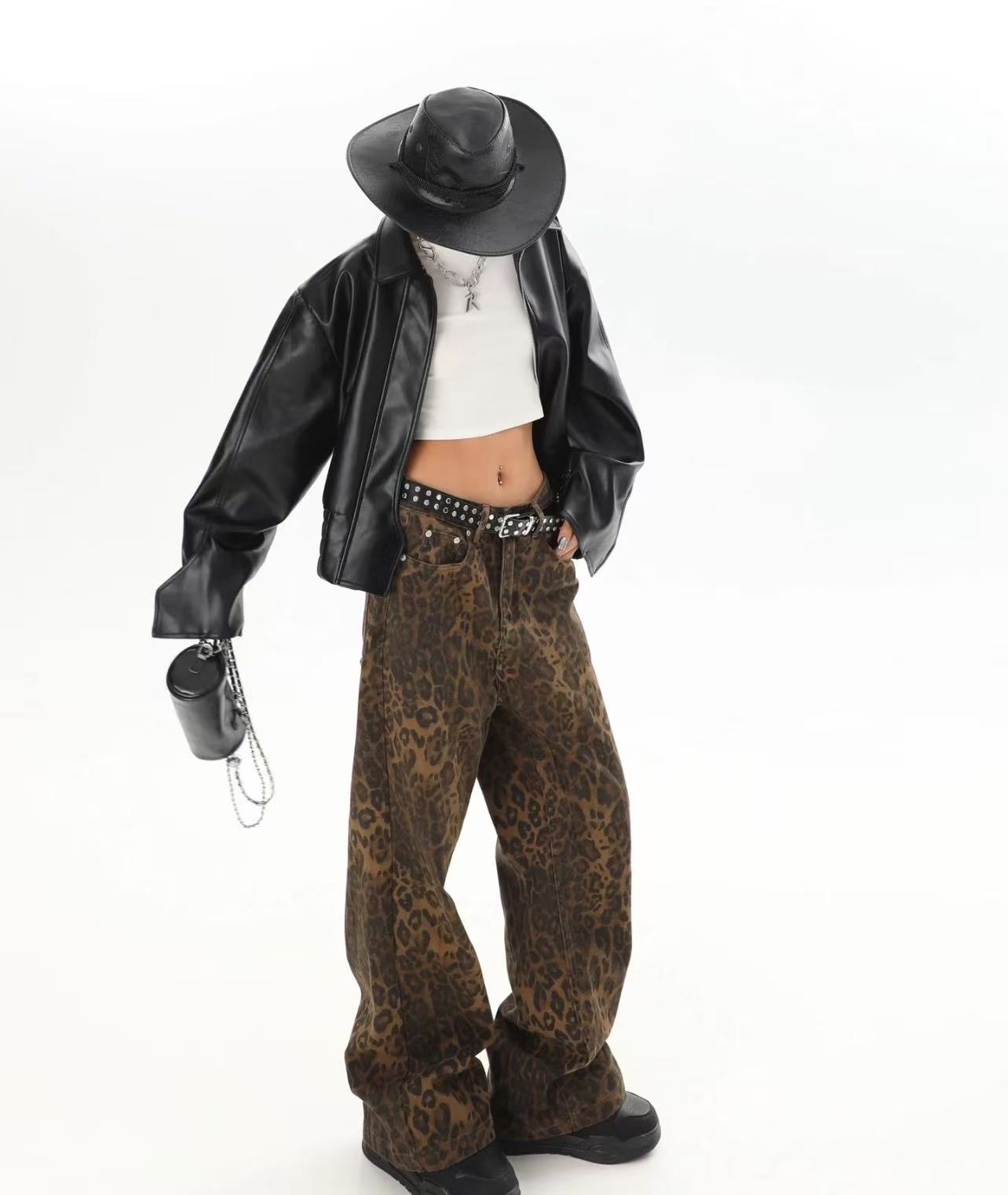 韓国原宿レトロ QICHE 男女兼用ハイストリートヒョウ柄ワ - Street Fashion Jeans Women のレビューと価格